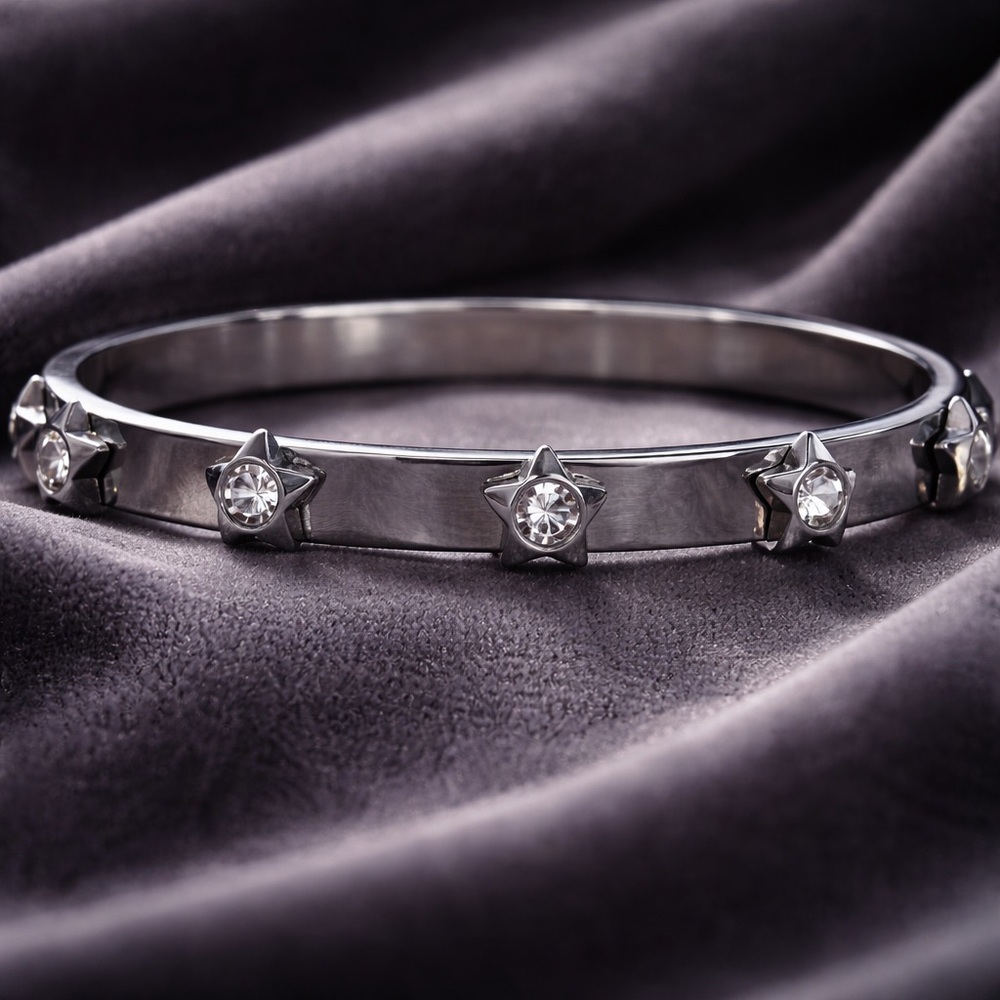Silver Star Accent Bangle Bracelet with Clear CZ Stones